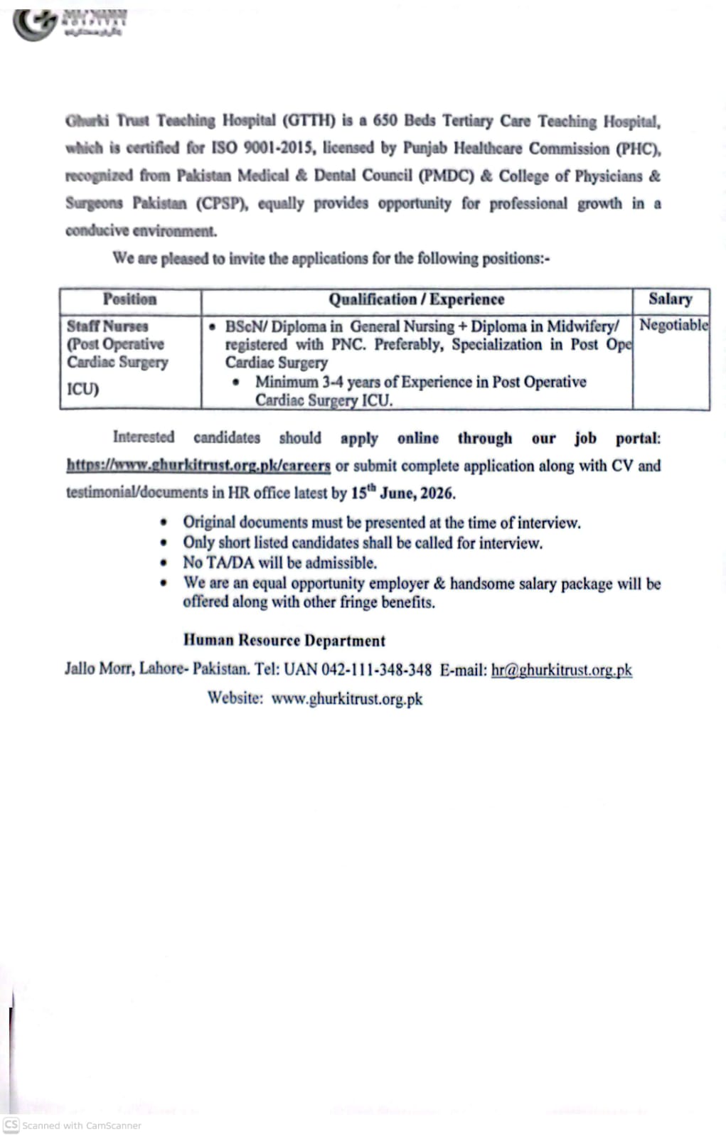 Staff Nurses (Post Operative  Cardiac Surgery ICU)